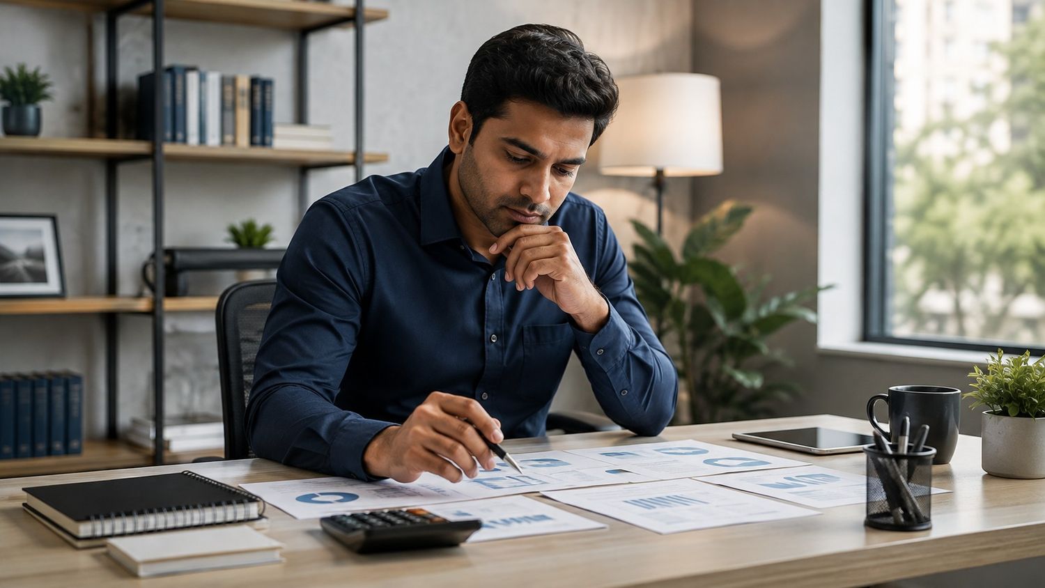Calculator and loan documents on a desk